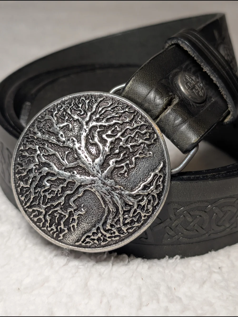 Lee River Black Leather Belt Men's LG 36/38 Tree of Life Metal Buckle Ireland